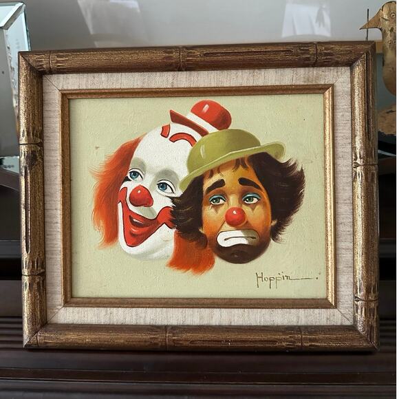 Vintage HOPPIN Original Oil On Canvas Framed Clown Painting (Two Faces) Signed - Picture 1 of 14
